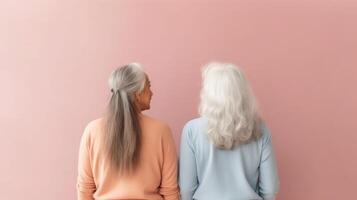 Elderly and young women standing back-to-back. Illustration photo