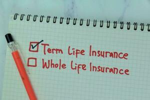 Concept of Term Life Insurance write on a book isolated on Wooden Table. photo