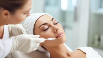 Young woman is getting a rejuvenating facial injections at beauty clinic. Illustration photo