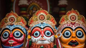 señor jagannath, balabhadra y subhadra en anual rathayatra ilustración ai generativo foto