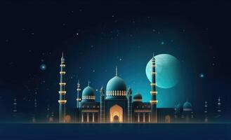 Mosques dome on dark blue twilight sky and crescent moon on background Illustration photo