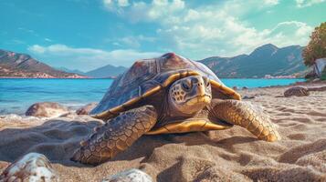 Sea turtle crawling on the sandy beach. Summer, blue sky.. Illustration AI Generative photo