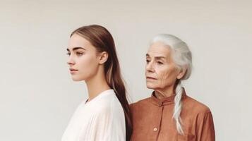 Elderly and young women standing back-to-back. Illustration AI Generative photo