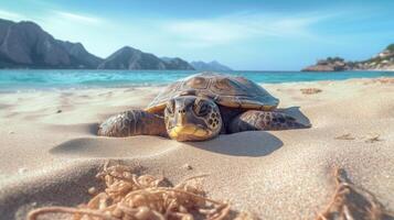 mar Tortuga gateando en el arenoso playa. ilustración ai generativo foto