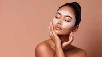 Beautiful young woman, applying facial moisturizing mask on face, Illustration photo