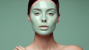 Beautiful young woman, applying facial moisturizing mask on face, Illustration AI Generative photo