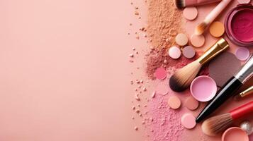 Makeup products on pink background. Illustration photo