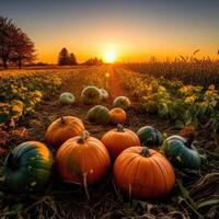 Group Of Pumpkins In Field At Sunset Illustration photo