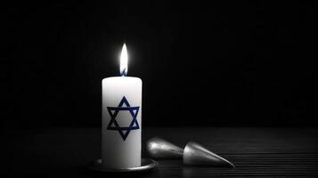 Burning candle and flag of Israel. Holocaust memory day. Illustration photo