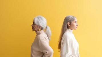 Elderly and young women standing back-to-back. Illustration photo