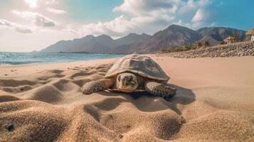 Sea turtle crawling on the sandy beach. Illustration photo