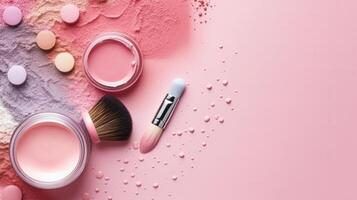 maquillaje productos en rosado antecedentes. ilustración ai generativo foto