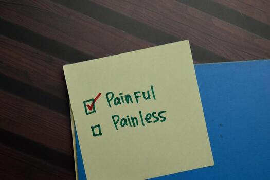 Painful and Painless write on sticky notes and supported by additional services write on a sticky notes isolated on Wooden Table. photo