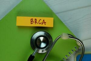 BRCA text on sticky notes and stethoscope isolated on office desk. Heathcare medical concept photo
