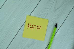 Concept of RFP - Request For Proposal write on sticky notes isolated on Wooden Table. photo