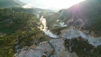 Aerial view of Sikidang Crater at Dieng Plateau, an Active Volcano Crater. Wonosobo, Indonesia photo
