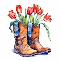 Watercolor cowboy boots with flowers. Illustration photo