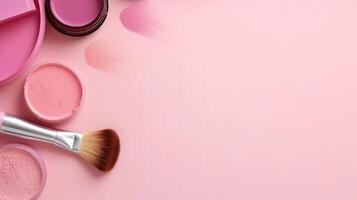 maquillaje productos en rosado antecedentes. ilustración ai generativo foto