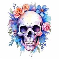 Watercolor skull with flowers. Illustration photo