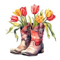 Watercolor cowboy boots with flowers. Illustration photo