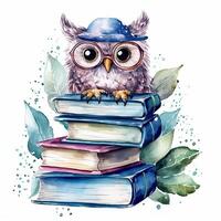 Watercolor books wuth owl. Illustration photo