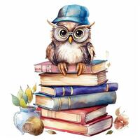 Watercolor books wuth owl. Illustration photo