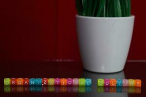 Organizational culture text at colorful wooden block on red background. Desk office and education concept photo