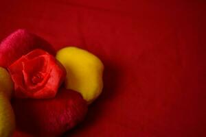 Pillow hearts shape on red background with copy space. Happy Valentine's day photo