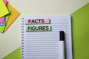 Facts and Figures text on top view office desk table of Business workplace and business objects. photo