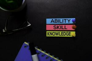 Ability, Skill, Knowledge text on sticky notes isolated on Black desk. Mechanism Strategy Concept photo