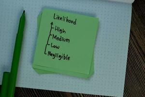 Likelihood write on sticky notes with keywords isolated on Wooden Table. photo