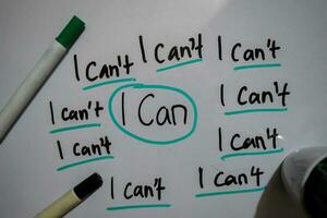 I can't I can't and I can text with keywords isolated on white board background. Chart or mechanism concept. photo