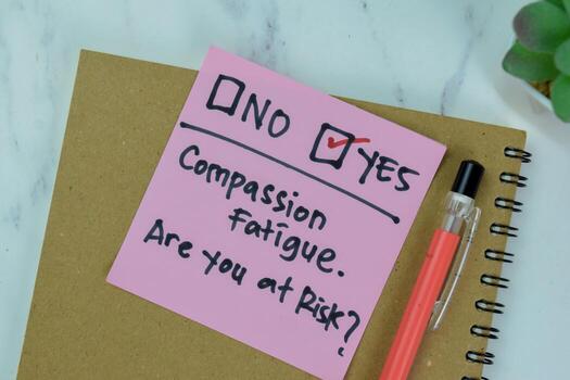 Concept of Compassion Fatigue, Are you at risk He choose Yes write on sticky notes isolated on Wooden Table. photo