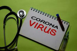 Corona Virus write on a paperwork isolated on Office Desk. Mysterious Viral Pneumonia in Wuhan, China. Healthcare Medical concept photo