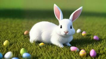 Pascua de Resurrección Conejo con huevos en jardín ai generativo foto