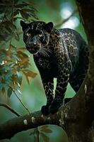 a black jaguar standing on a tree trunk looking at its prey. Generate Ai photo