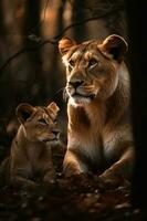 the mother lion with daughter. Generate Ai photo