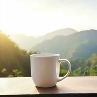 a blank white mug of coffee or tea on the wooden desk under the sunrise and in front of the mountain scenery. Generate Ai photo