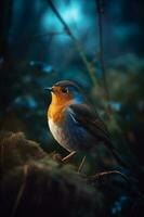 el soltero hermosa verde naranja Robin pájaro dentro el bosque esperando para algo. generar ai foto