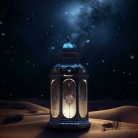 islámico hermosa linterna en el marrón playa a el Ramadán noche. generar ai foto