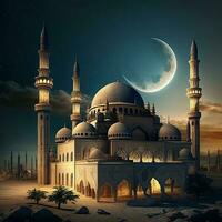 3D beautiful Islamic Mosque ramadan kareem under the moon. Generate Ai photo