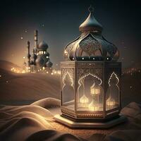 Islamic beautiful lantern with the mosque background. Generate Ai photo