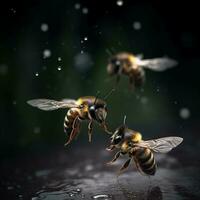 three bees flying under the rains on the river. Generate Ai photo