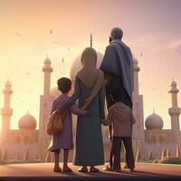 a Muslim Islamic parent standing with two kids in front of the beautiful mosque. Generate Ai photo