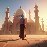 un musulmán mujer vistiendo hijab en pie en frente de el hermosa mezquita. generar ai foto