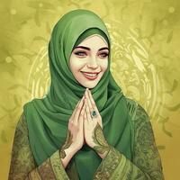 A Muslim smiling women wearing a green hijab in Ramadan kareem. Generate Ai photo