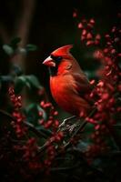 The close-up red beautiful cardinal bird in the forest photo