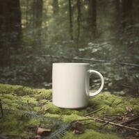 a blank white mug in forest. Generate Ai photo