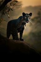 a black panther is looking for prey in the forest photo