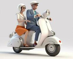 a couple driving a classic white scooter motorbike isolated white background. Generate Ai photo